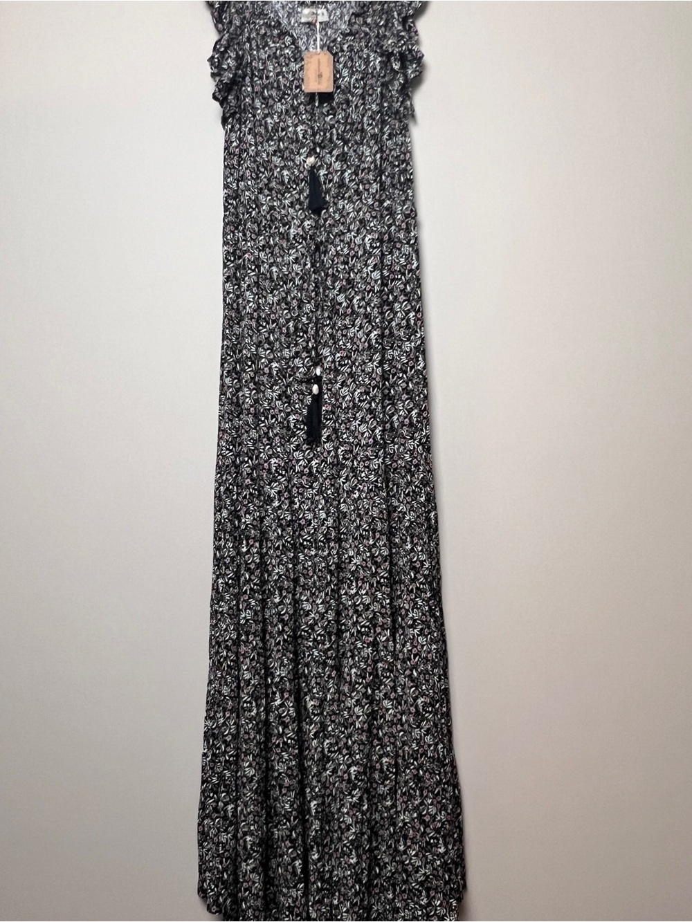 Natural Life Black Floral Maxi Dress with Tassel Ties sleeveless Ruffle NWT